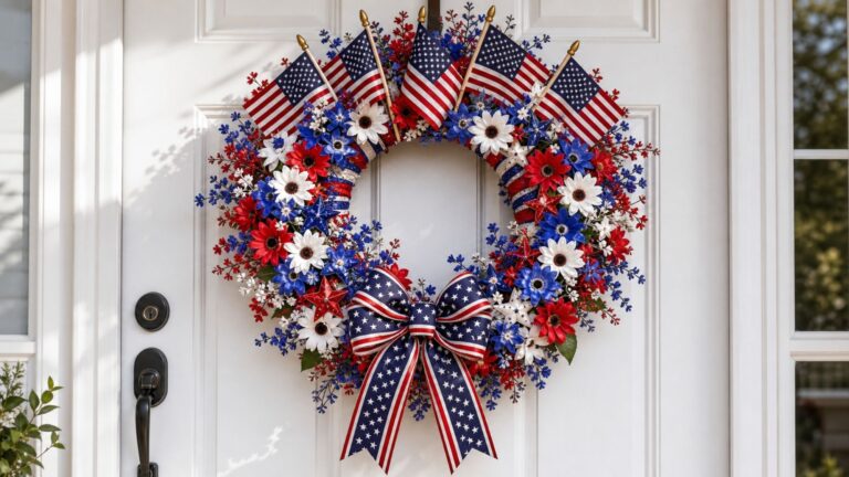 Finished DIY 4th of July patriotic wreath with red white and blue flowers, American flags, and stars and stripes bow on a white front door