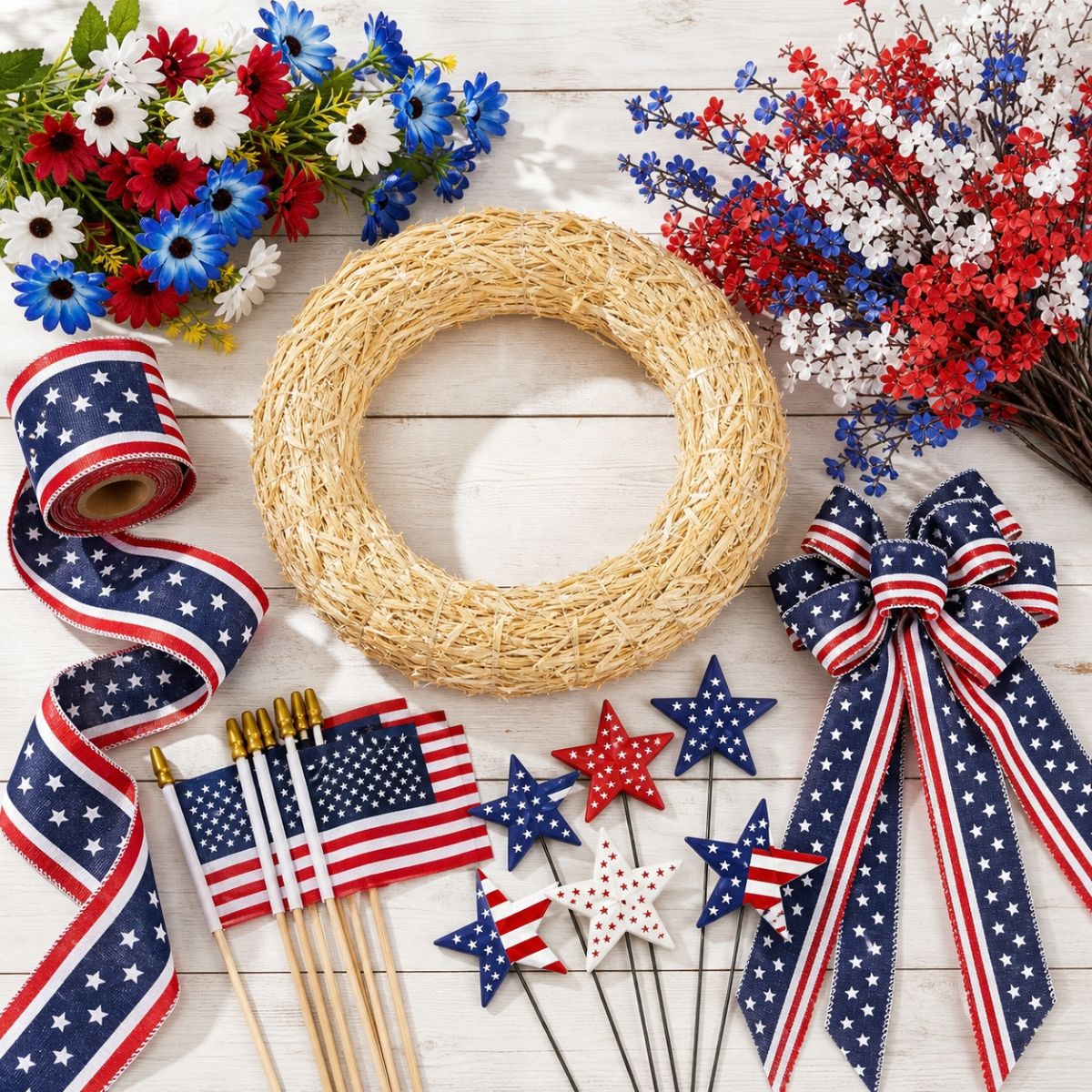 All supplies for DIY 4th of July wreath laid out flat including straw wreath form, patriotic ribbon, artificial flowers, American flags, star stakes, and bow