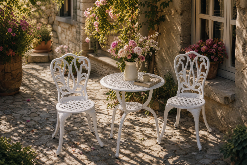 White cast aluminum 3-piece bistro set with ornate floral design table and chairs for outdoor patio or balcony