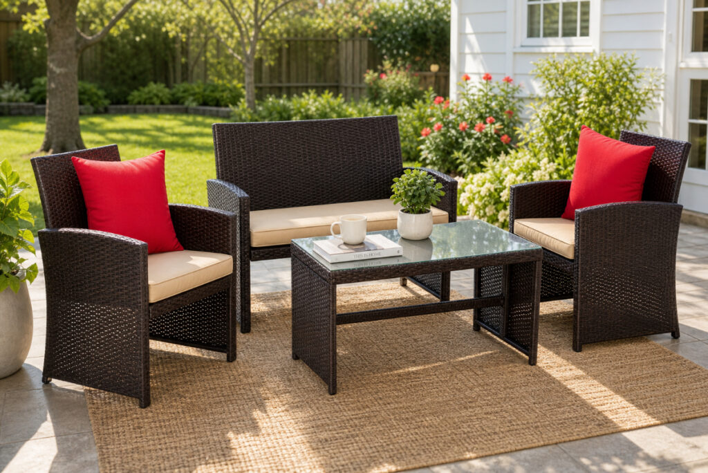 Best Choice Products 4-piece wicker outdoor conversation set with loveseat, two chairs and glass coffee table