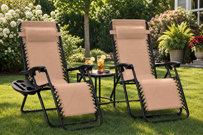 Best Choice Products set of 2 zero gravity reclining lounge chairs with cup holders on a sunny lawn