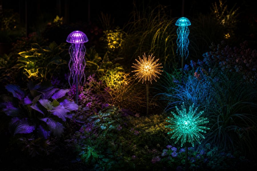 Decorative solar garden stake lights glowing in a flower bed at night