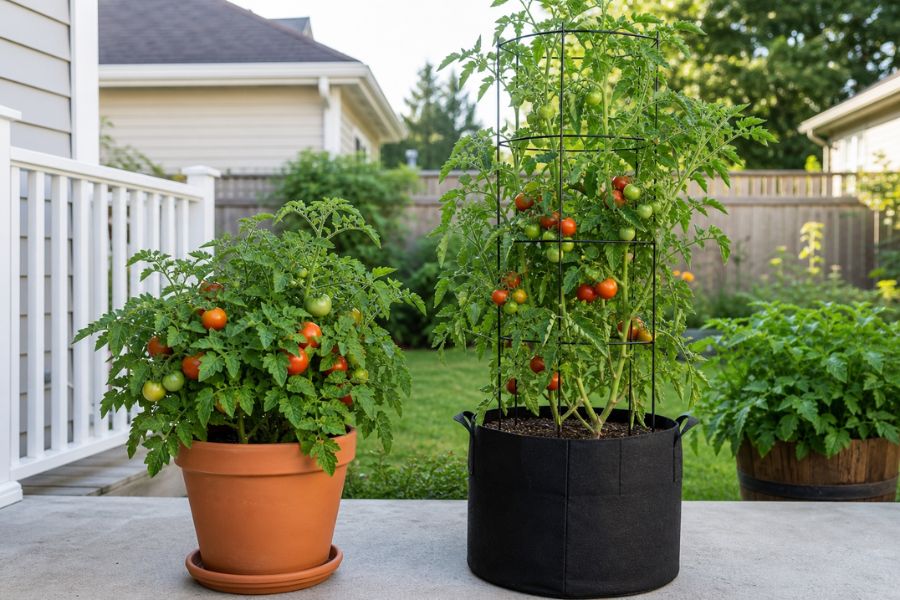 Two types of potted tomato plants side by side on a sunny terrace.