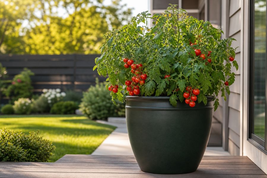 A thriving cherry tomato plant covered in ripe red fruit growing in a large pot on a sunny backyard patio, showing how easy growing tomatoes in containers can be.