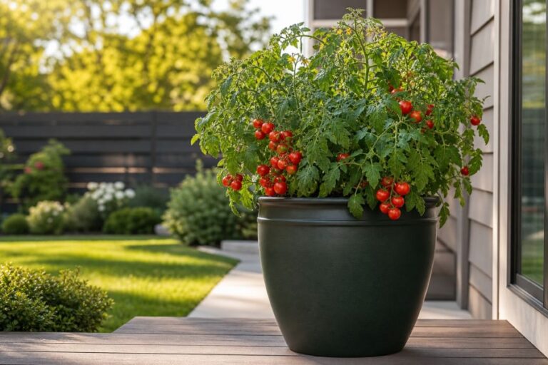 A thriving cherry tomato plant covered in ripe red fruit growing in a large pot on a sunny backyard patio.