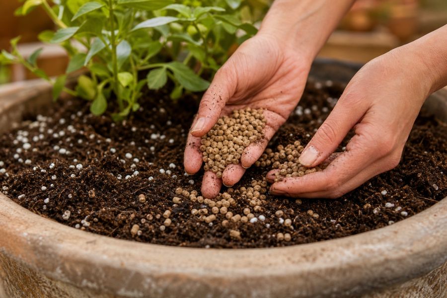 Pouring premium organic potting mix into a large planter.