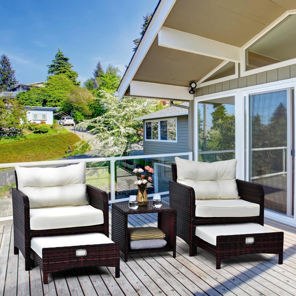 Pamapic 5-piece PE wicker patio furniture set with ottomans and coffee table on a wooden deck