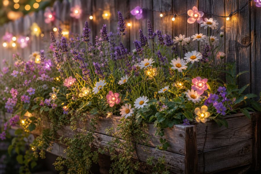Decorative solar flower fairy lights woven through a garden planter and fence