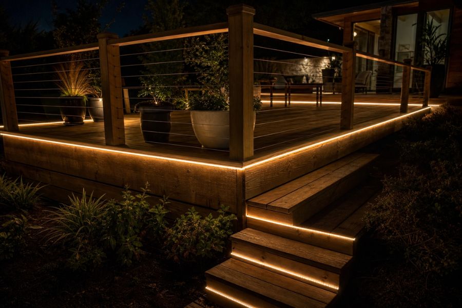Solar rope lights outlining the edge of a timber deck at night with warm glow