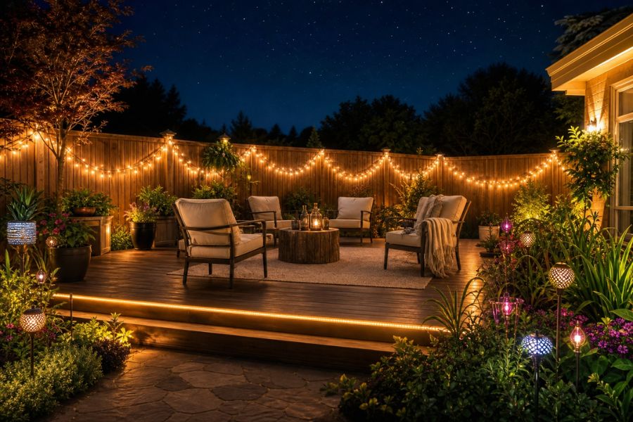 Cozy backyard patio at night with multiple styles of solar string lights creating warm ambiance