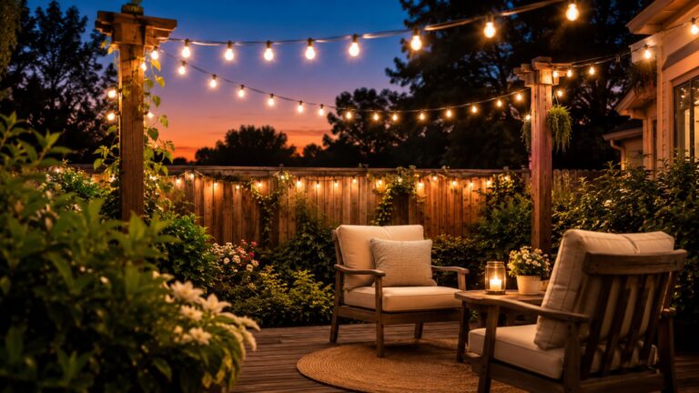 Warm glowing solar string lights draped over a backyard patio at dusk