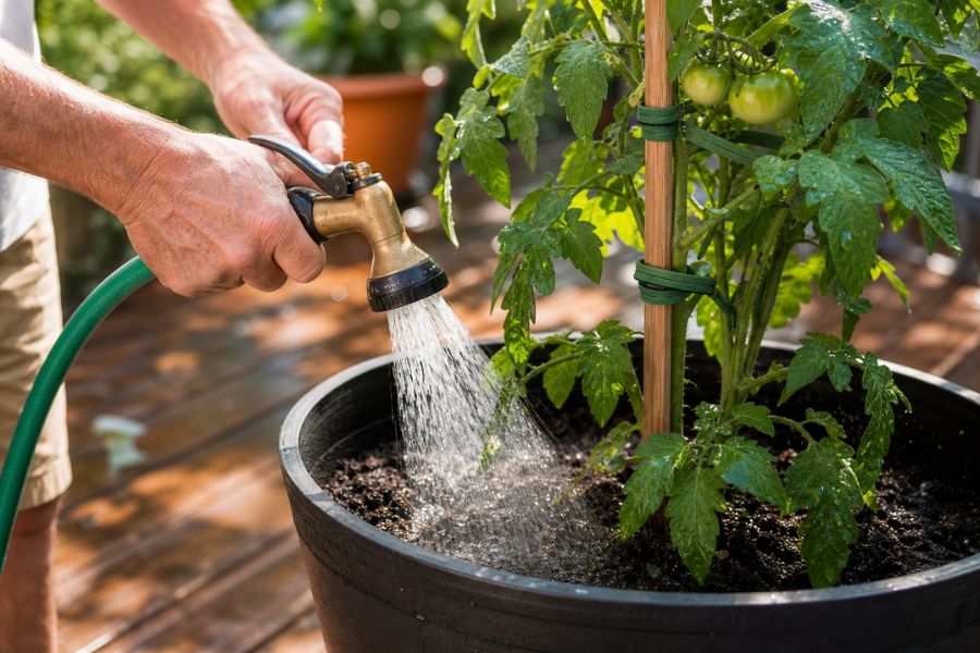 Watering a staked tomato plant in a pot with a garden hose nozzle.