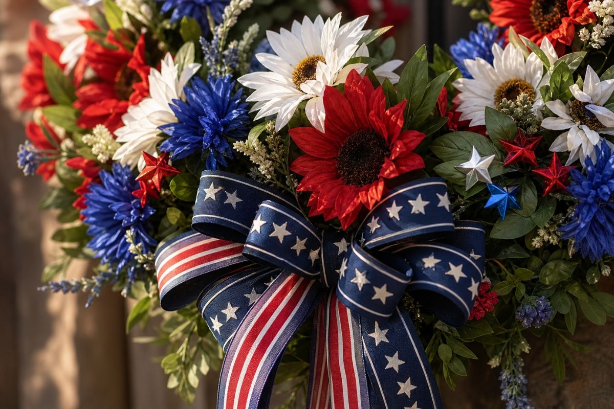 Close up detail of red white and blue artificial flowers and patriotic bow on a 4th of July wreath