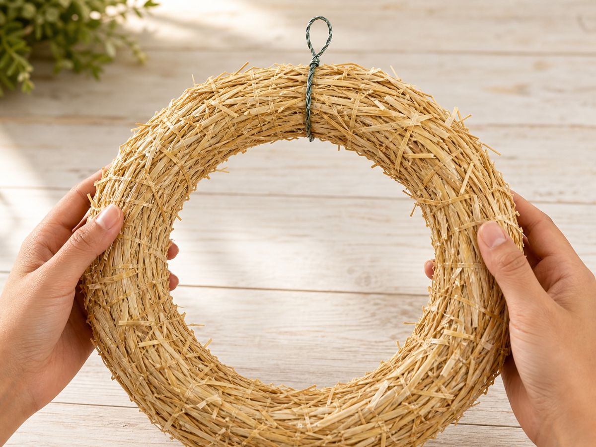 Hands holding a 12 inch natural straw wreath form with a floral wire hanging loop attached to the back