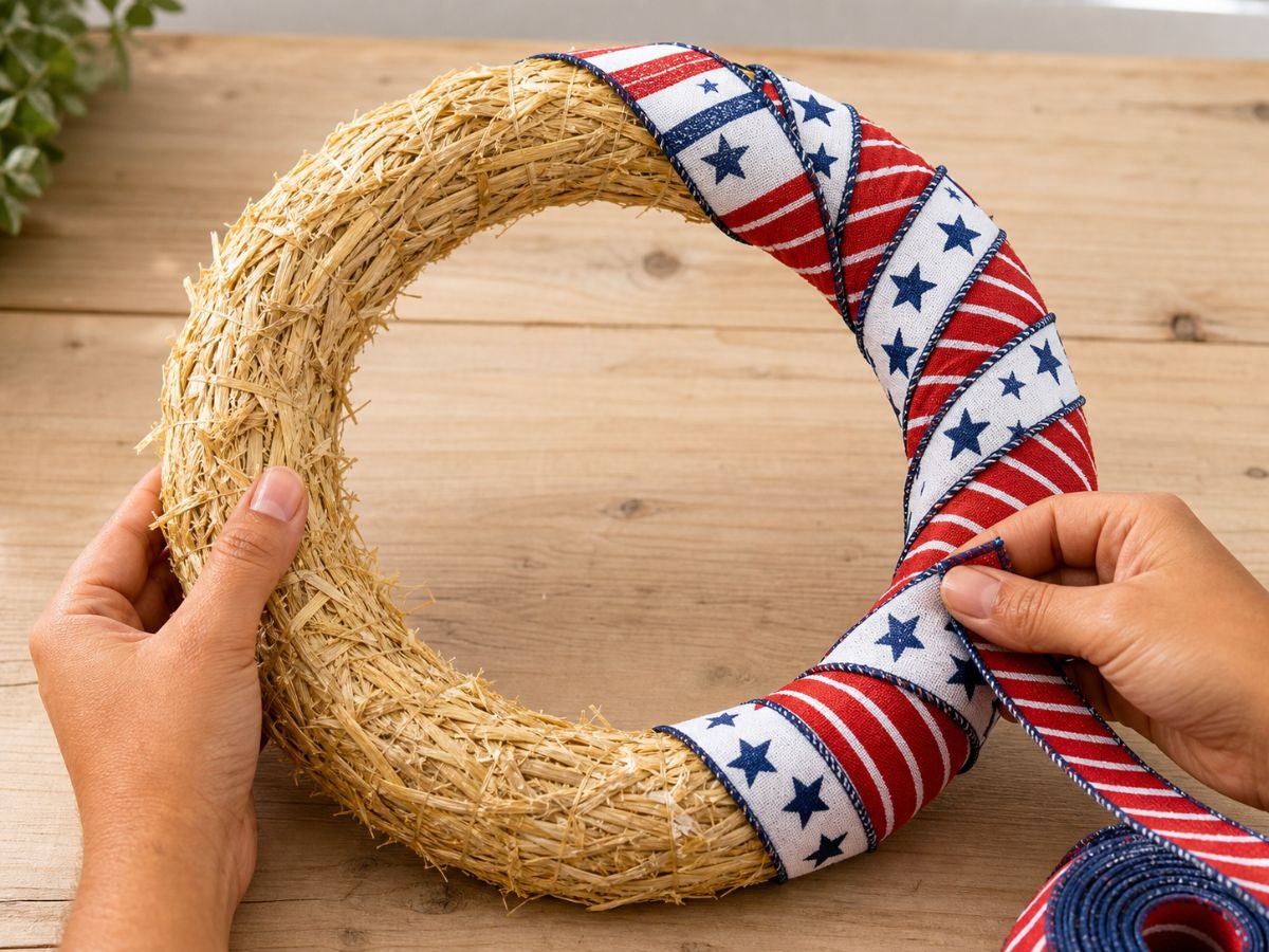 Hands wrapping patriotic stars and stripes wired ribbon around a straw wreath form diagonally