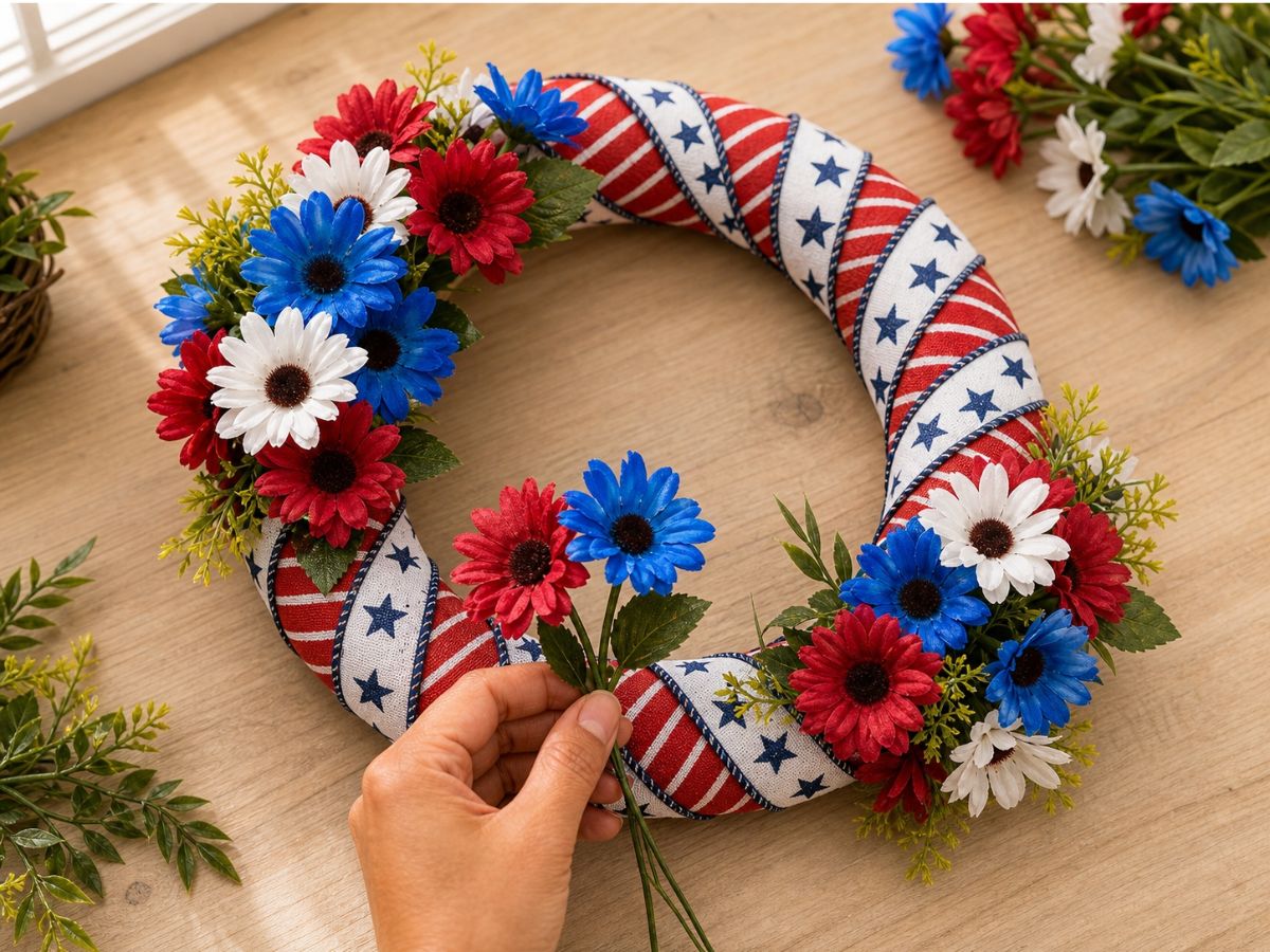 Hands placing red white and blue artificial flower stems onto a ribbon-wrapped straw wreath form