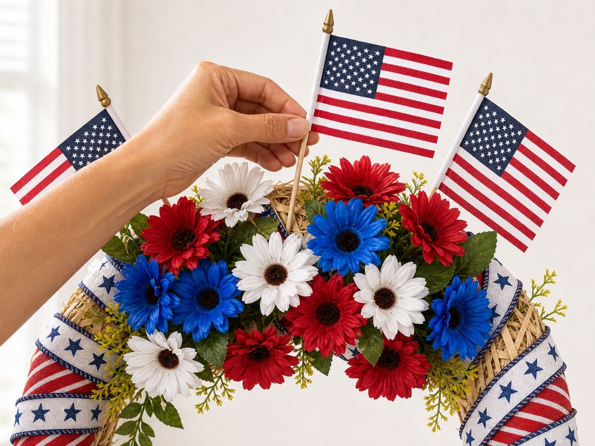Small American flags being inserted into the top of a patriotic straw wreath fanned out symmetrically