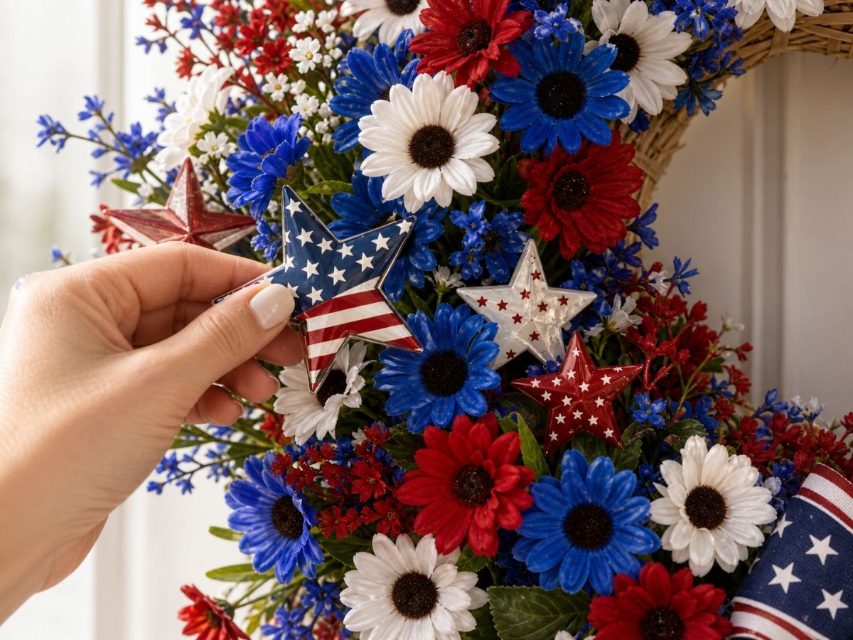 Red white and blue decorative star stakes being tucked into the flower clusters of a patriotic wreath