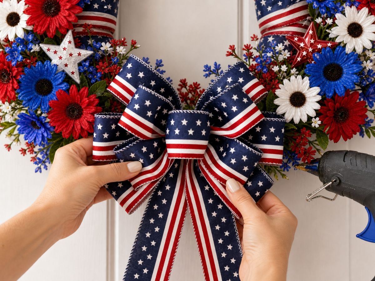 Large navy stars and stripes patriotic bow being hot glued to the bottom center of a 4th of July wreath