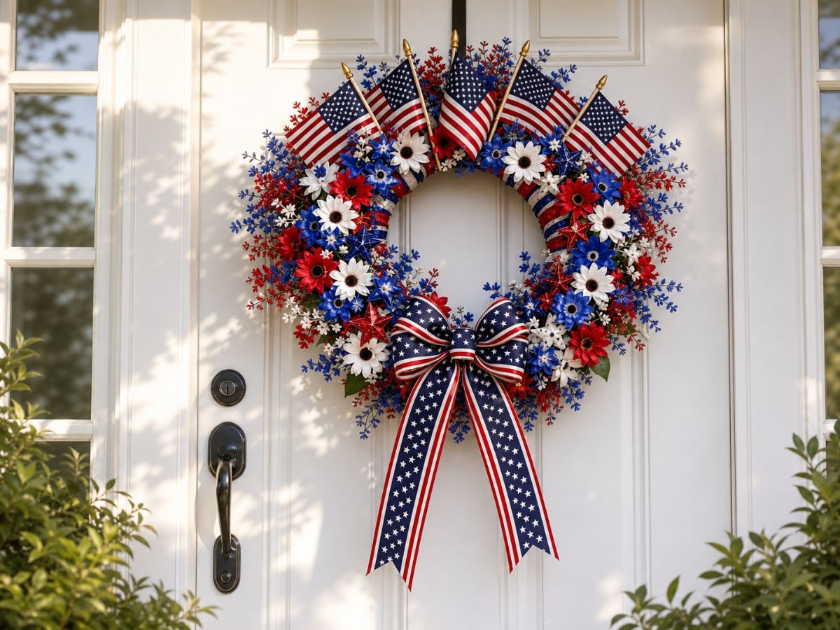 Completed DIY 4th of July patriotic wreath hanging on a white front door in natural sunlight