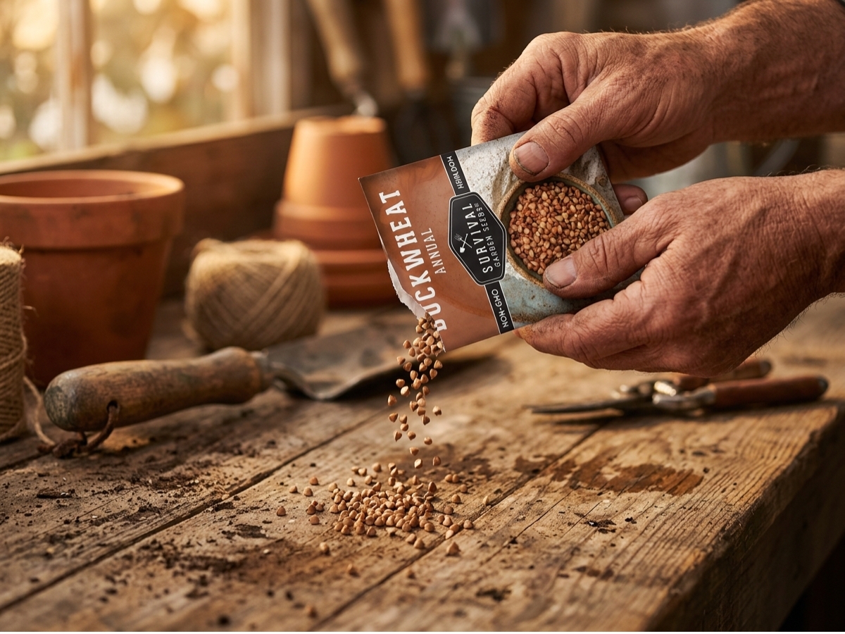 Hands holding an open seed packet over a rustic wooden potting bench with seeds spilling onto the surface