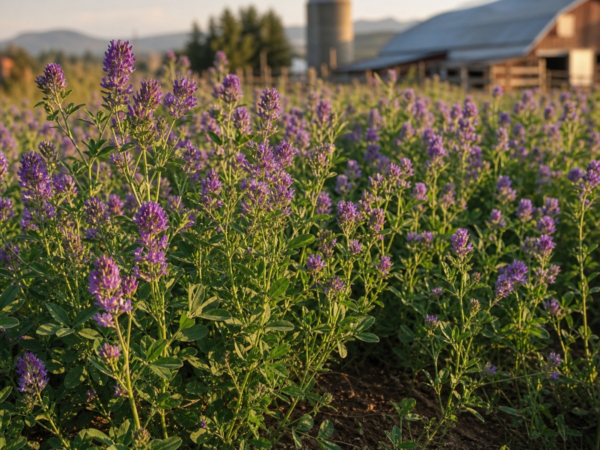 Alfalfa plants in bloom with small purple-blue flowers growing tall in a garden bed in warm afternoon light