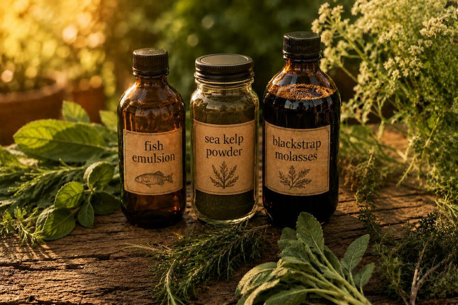 Fish emulsion, sea kelp and blackstrap molasses ingredients for homemade all-purpose liquid plant fertilizer