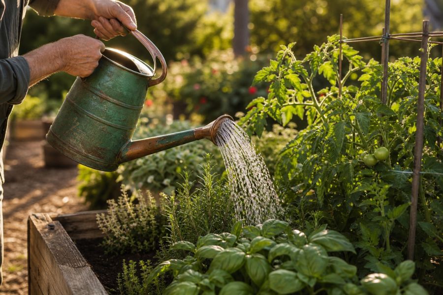 Gardener watering a raised vegetable garden bed with a green metal watering can in morning sunlight