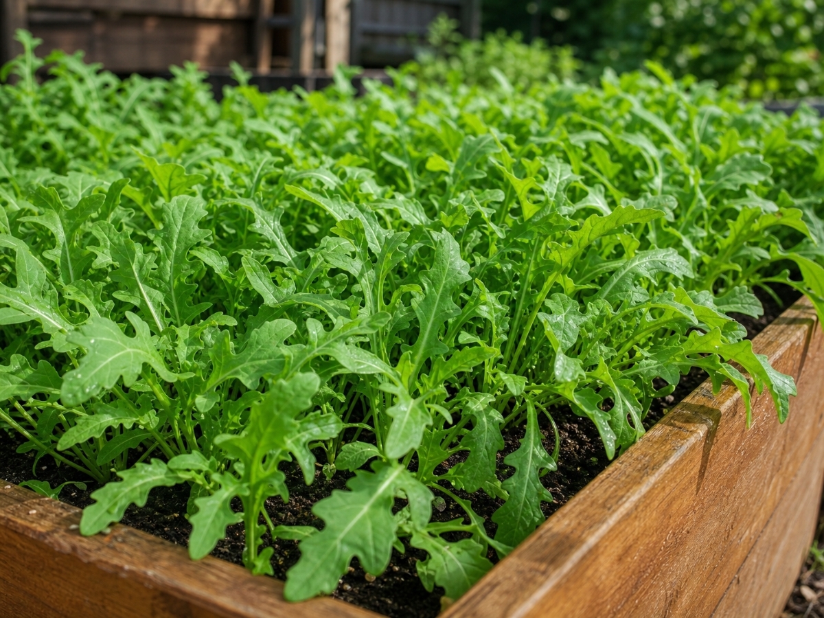 Fresh bright green arugula leaves with serrated edges growing in a raised garden bed