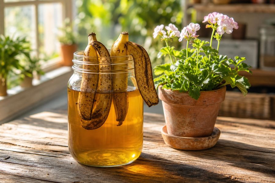 Glass jar of banana peel tea fertilizer with banana peels on the rim next to a potted plant