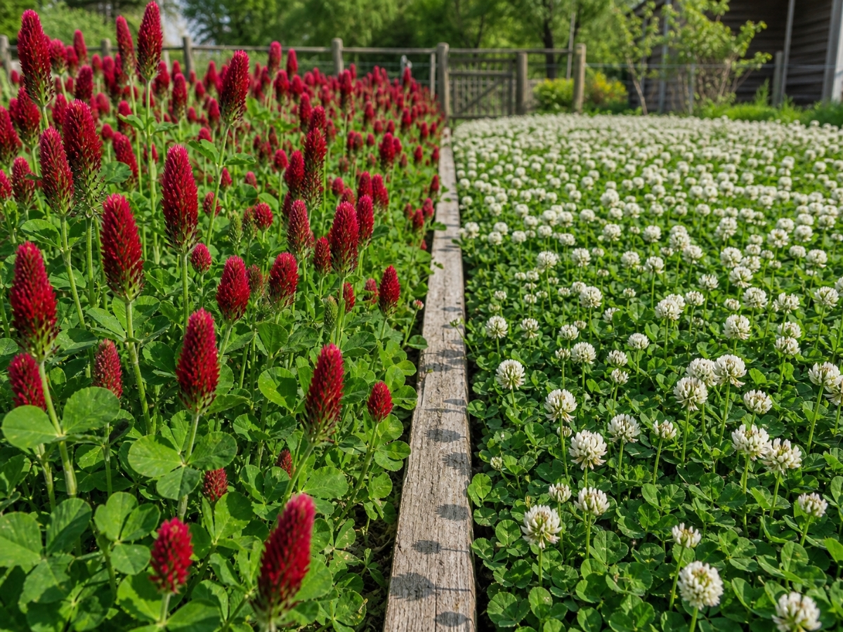 Split garden composition showing crimson clover with red spikes on the left and low-growing Dutch white clover on the right