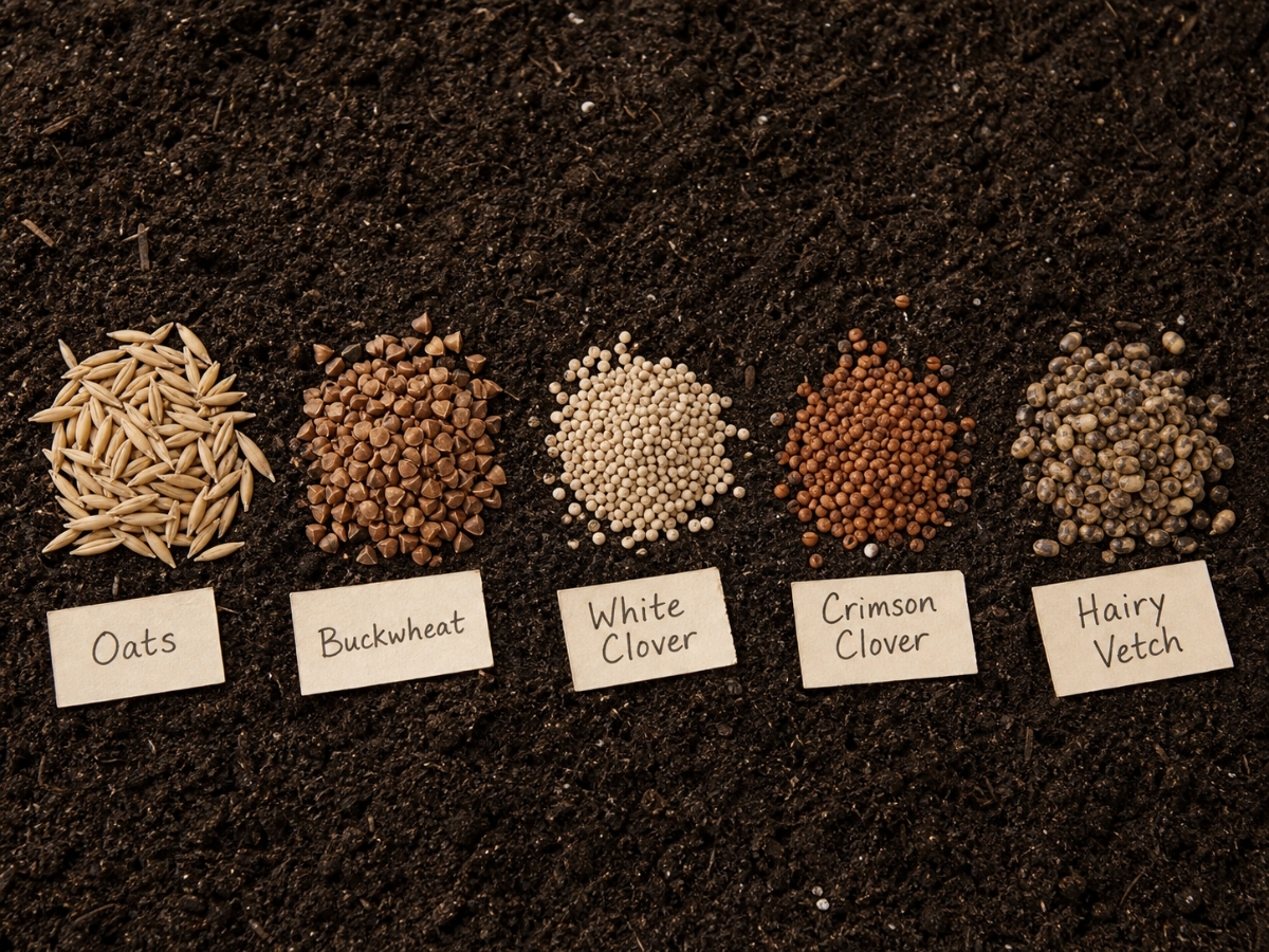 Overhead flat lay of five seed varieties on dark garden soil — oats, buckwheat, white clover, crimson clover, and hairy vetch