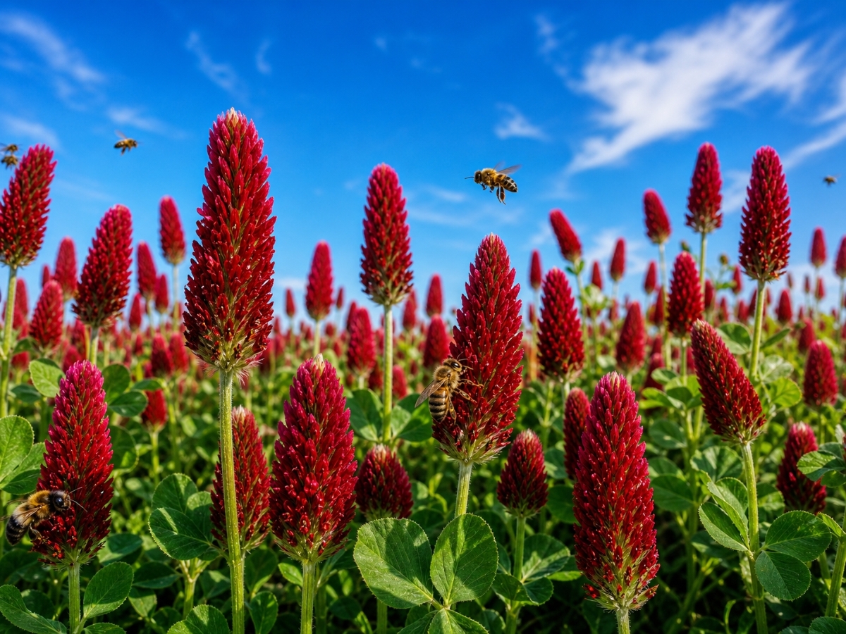 A field of crimson clover in peak bloom with tall deep red spikes against a bright blue sky and bees in flight
