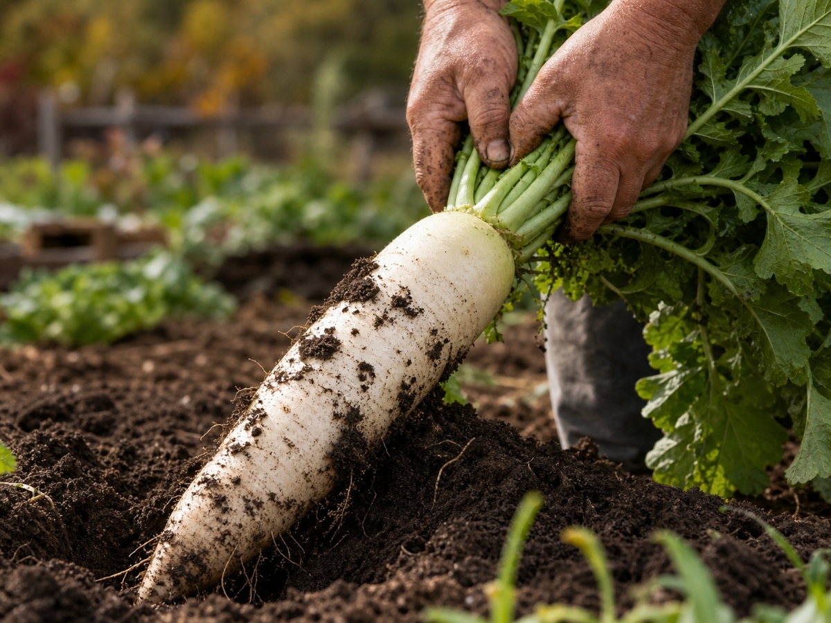 Gardener's hands pulling a large white daikon radish from dark rich soil showing the long root with soil clinging to it