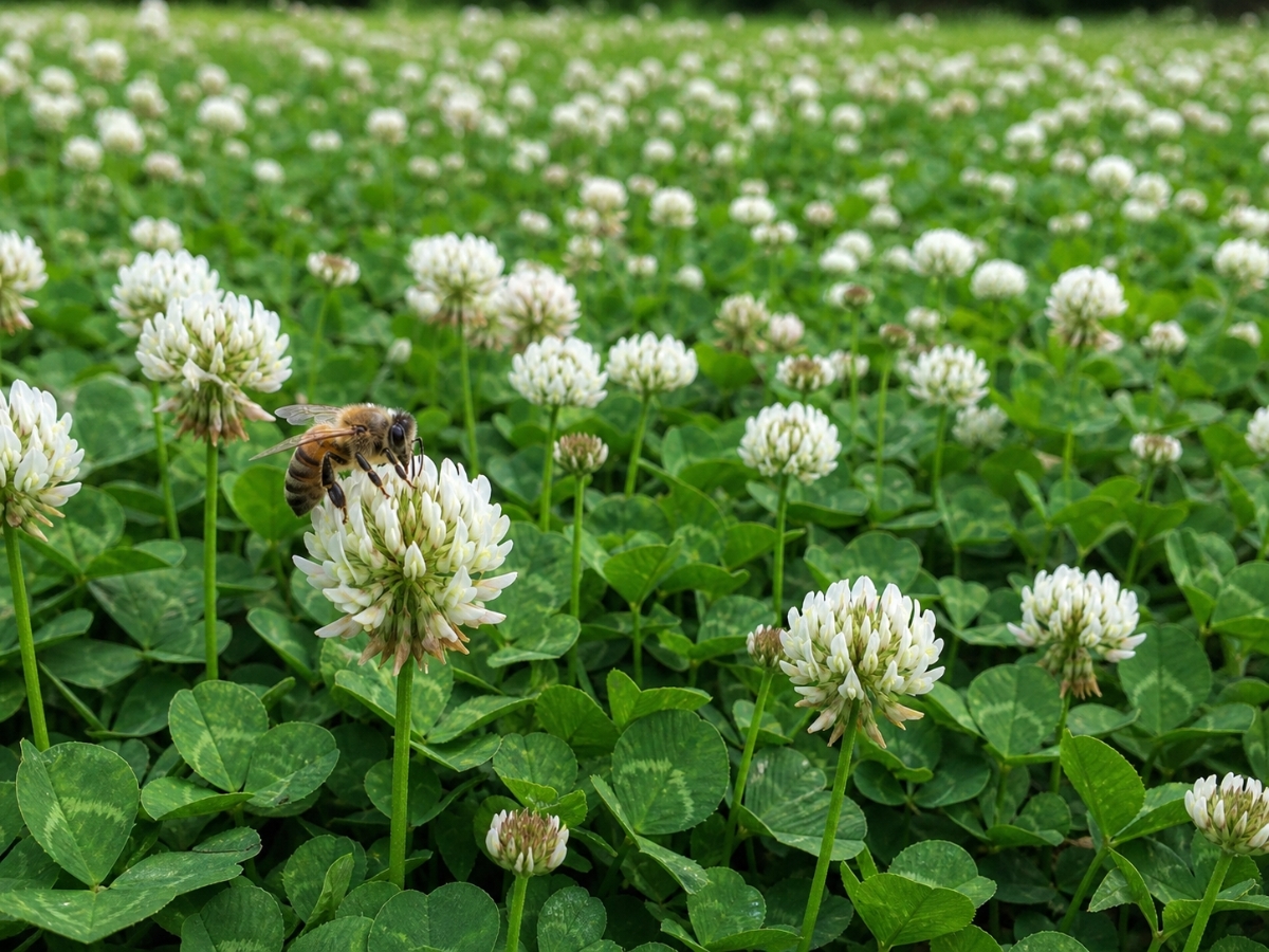 A low carpet of Dutch white clover in full bloom with white pom-pom flowers and a honeybee in sharp focus
