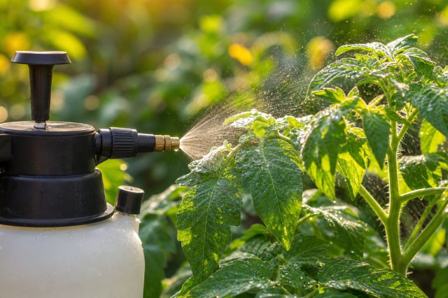 Garden pump sprayer misting epsom salt solution onto tomato plant leaves