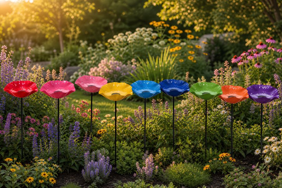Nine flower-shaped metal garden stakes in all available colors arranged in a garden — red, pink, rose pink, yellow, blue, dark blue, green, orange, and purple