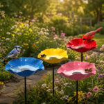 Flower-shaped metal garden stake bird baths in red, pink, yellow and blue in a sunny cottage garden