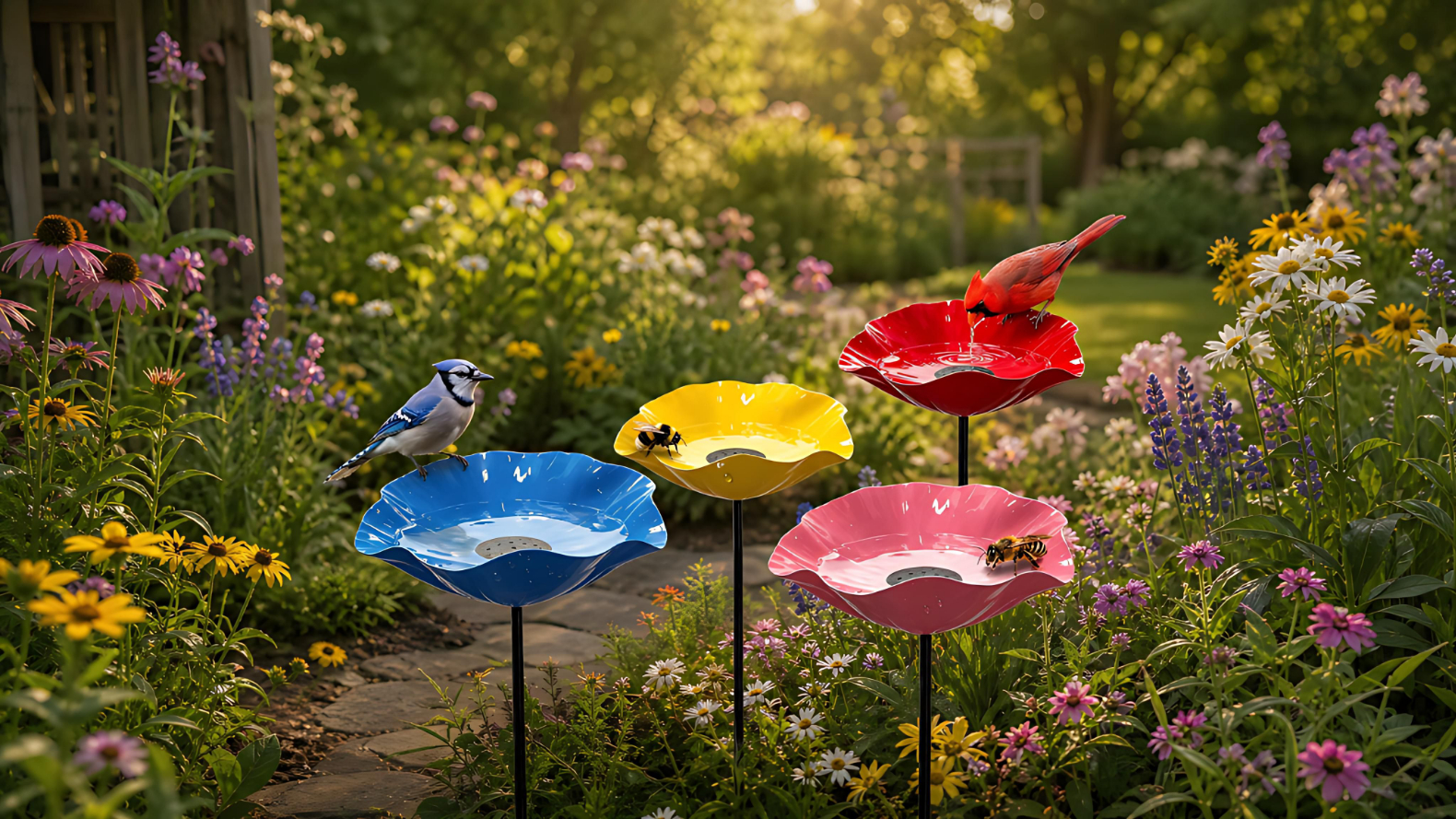 Flower-shaped metal garden stake bird baths in red, pink, yellow and blue in a sunny cottage garden