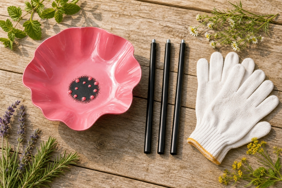 Flower-shaped metal garden stake water bowl laid flat on a timber surface with white gardening gloves and garden greenery as a gift styling