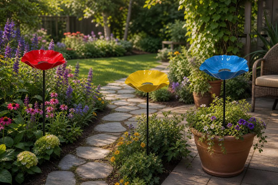 Flower-shaped garden water bowl stakes placed in a flower bed, beside a garden path, and in a large outdoor planter