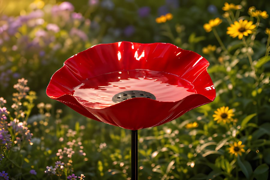 Red flower-shaped metal garden stake with shallow water bowl catching golden sunlight in a garden setting