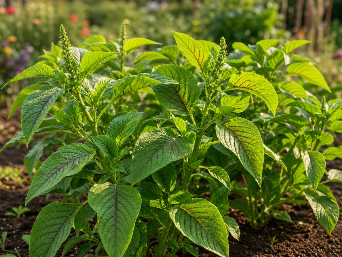 Green garnet amaranth with lush green leaves and subtle dark veining growing vigorously in a garden bed