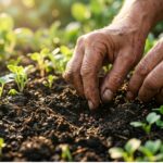 Hands pressing seeds into rich dark garden soil surrounded by emerging green seedlings in morning light