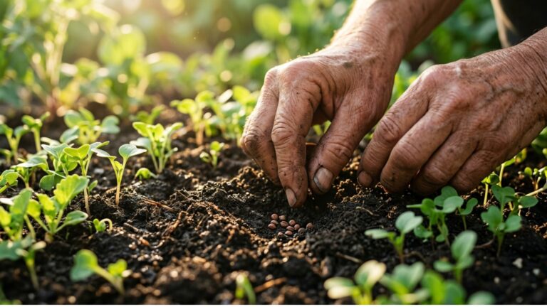 Hands pressing seeds into rich dark garden soil surrounded by emerging green seedlings in morning light