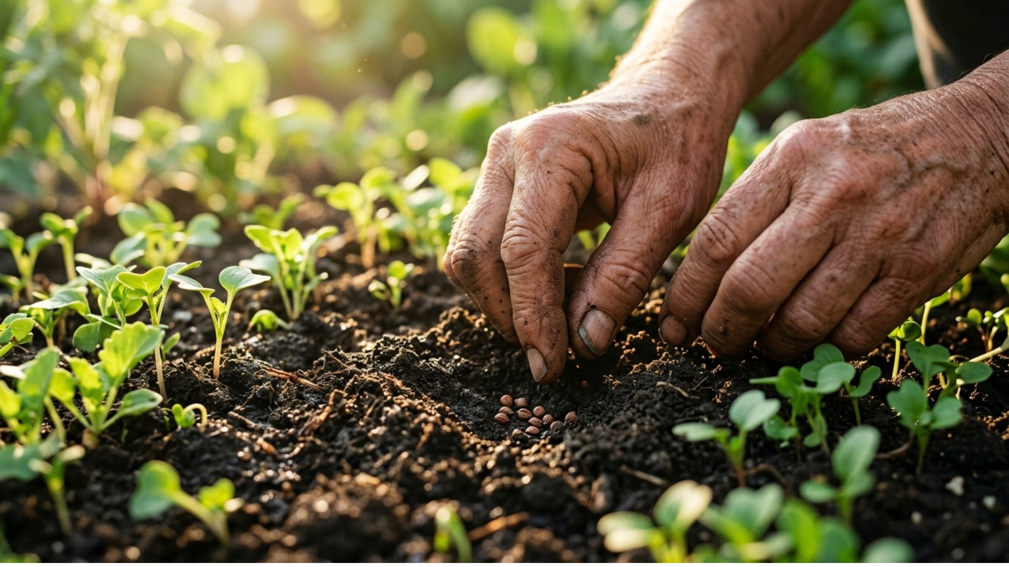 Hands pressing seeds into rich dark garden soil surrounded by emerging green seedlings in morning light
