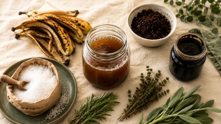 Homemade plant fertilizer ingredients laid out on a cream surface including banana peels, coffee grounds, molasses and epsom salt
