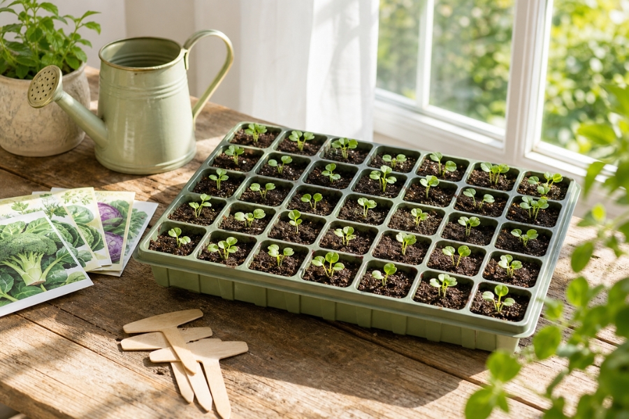 Seed starting tray with broccoli and cabbage seedlings for fall garden planting