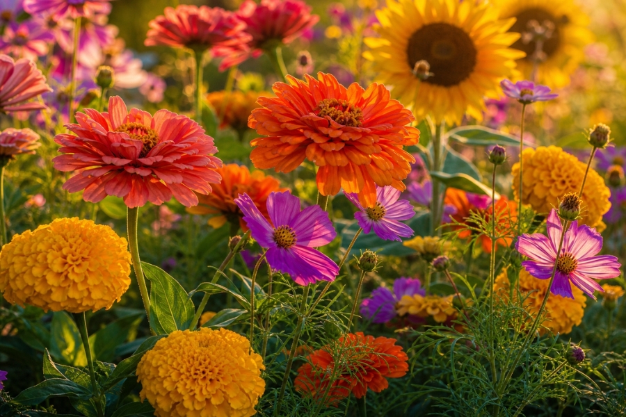 Vibrant summer flower garden with zinnias, marigolds, sunflowers and cosmos in full bloom