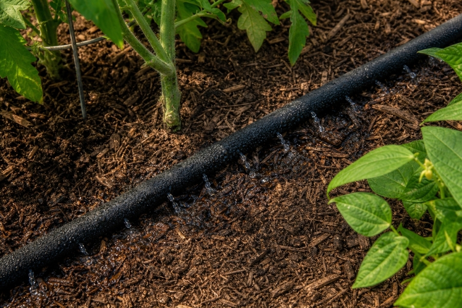 Soaker hose watering a mulched vegetable garden bed in summer